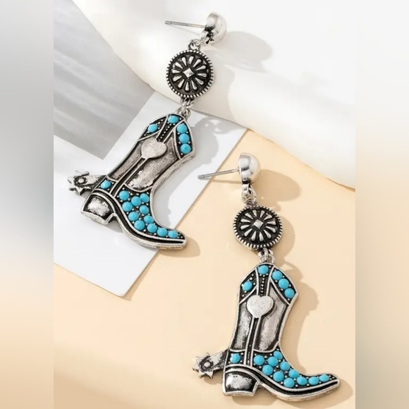2/$30 Or 3/$35 NEW Western Boho Cowgirl Turquoise Silver Boot Earrings (#059) - Picture 1 of 3
